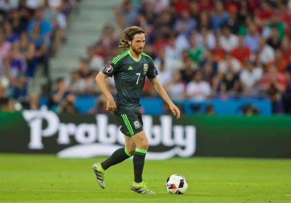 LYON, FRANCE - Wednesday, July 6, 2016: Wales' Joe Allen in action against Portugal during the UEFA Euro 2016 Championship Semi-Final match at the Stade de Lyon. (Pic by David Rawcliffe/Propaganda)