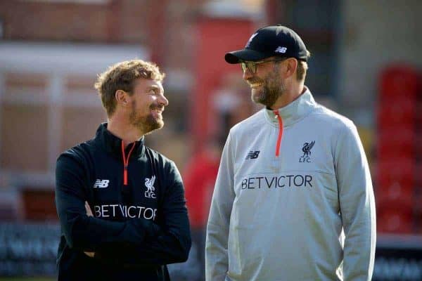 FLEETWOOD, ENGLAND - Wednesday, July 13, 2016: Liverpool's manager Jürgen Klopp [R] with head of fitness and conditioning Andreas Kornmayer [L] before a friendly match against Fleetwood Town at Highbury Stadium. (Pic by David Rawcliffe/Propaganda)