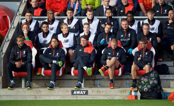 FLEETWOOD, ENGLAND - Wednesday, July 13, 2016: Liverpool's manager Jürgen Klopp [L] and his doppelgänger head of fitness and conditioning Andreas Kornmayer [R] during a friendly match at Highbury Stadium. (Pic by David Rawcliffe/Propaganda)