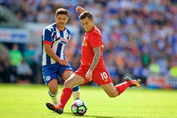 WIGAN, ENGLAND - Sunday, July 17, 2016: Liverpool's Philippe Coutinho Correia in action against Wigan Athletic during a pre-season friendly match at the DW Stadium. (Pic by David Rawcliffe/Propaganda)