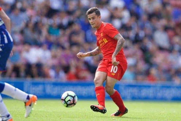 WIGAN, ENGLAND - Sunday, July 17, 2016: Liverpool's Philippe Coutinho Correia in action against Wigan Athletic during a pre-season friendly match at the DW Stadium. (Pic by David Rawcliffe/Propaganda)