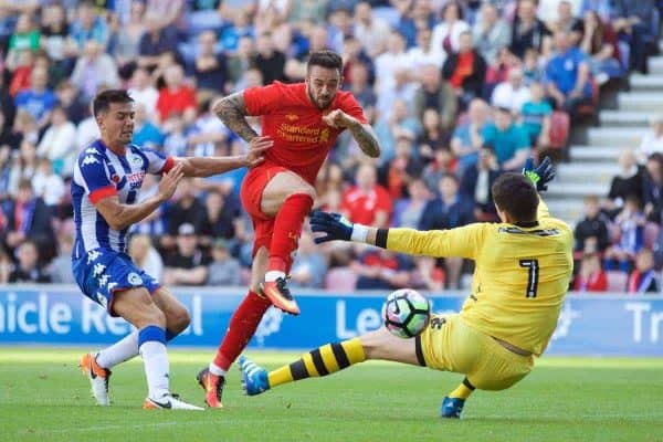 WIGAN, ENGLAND - Sunday, July 17, 2016: Liverpool's Danny Ings scores the first goal against Wigan Athletic during a pre-season friendly match at the DW Stadium. (Pic by David Rawcliffe/Propaganda)