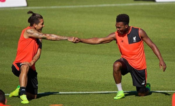 STANFORD, USA - Saturday, July 23, 2016: Liverpool's Daniel Sturridge and Roberto Firmino during a training session in the Laird Q. Cagan Stadium at Stanford University on day one of the club's USA Pre-season Tour. (Pic by David Rawcliffe/Propaganda)