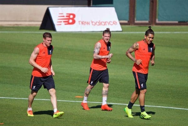 STANFORD, USA - Saturday, July 23, 2016: Liverpool's James Milner, Alberto Moreno and Roberto Firmino during a training session in the Laird Q. Cagan Stadium at Stanford University on day one of the club's USA Pre-season Tour. (Pic by David Rawcliffe/Propaganda)