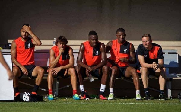 STANFORD, USA - Saturday, July 23, 2016: Liverpool's Kevin Stewart, Lazar Markovic, Divock Origi, Georginio Wijnaldum and first-team development coach Pepijn Lijnders during a training session in the Laird Q. Cagan Stadium at Stanford University on day one of the club's USA Pre-season Tour. (Pic by David Rawcliffe/Propaganda)