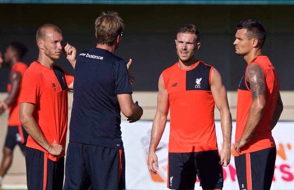 STANFORD, USA - Saturday, July 23, 2016: Liverpool's Ragnar Klavan, captain Jordan Henderson and Dejan Lovren with manager J¸rgen Klopp during a training session in the Laird Q. Cagan Stadium at Stanford University on day one of the club's USA Pre-season Tour. (Pic by David Rawcliffe/Propaganda)