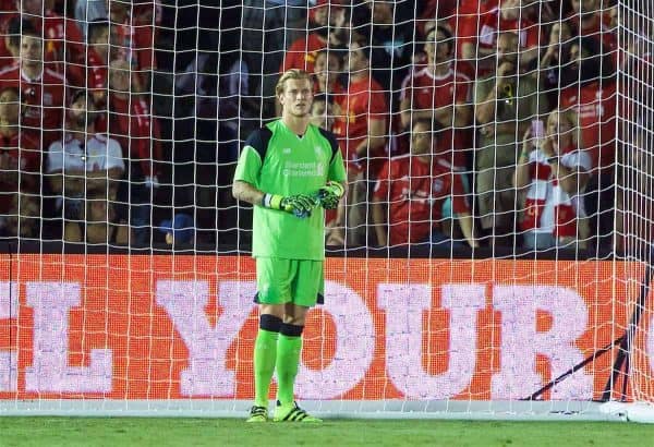 PASADENA, USA - Wednesday, July 27, 2016: Liverpool's goalkeeper Loris Karius looks dejected as Chelsea score the opening goal during the International Champions Cup 2016 game on day seven of the club's USA Pre-season Tour at the Rose Bowl. (Pic by David Rawcliffe/Propaganda)