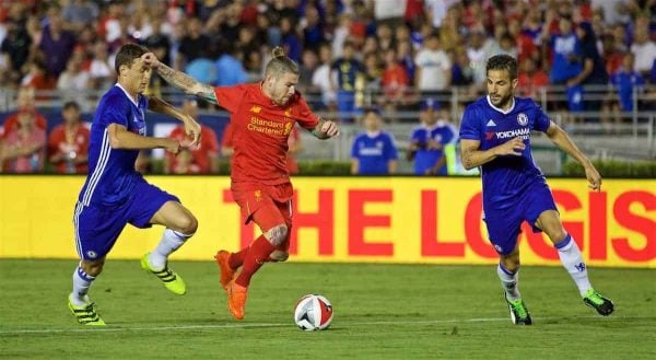 PASADENA, USA - Wednesday, July 27, 2016: Liverpool's Alberto Moreno in action against Chelsea during the International Champions Cup 2016 game on day seven of the club's USA Pre-season Tour at the Rose Bowl. (Pic by David Rawcliffe/Propaganda)
