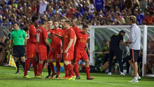 PASADENA, USA - Wednesday, July 27, 2016: Liverpool's Oviemuno Ejaria and Roberto Firmino are replaced as Liverpool makes five substitutes against Chelsea during the International Champions Cup 2016 game on day seven of the club's USA Pre-season Tour at the Rose Bowl. (Pic by David Rawcliffe/Propaganda)