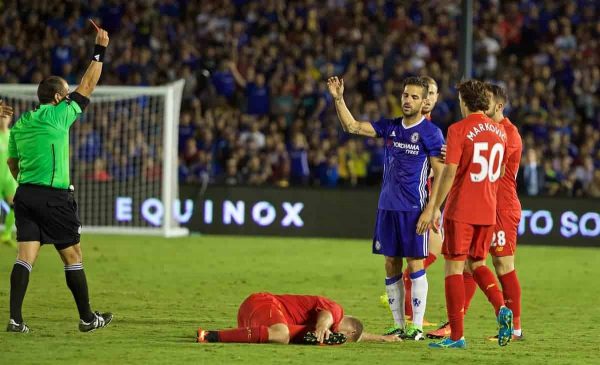 PASADENA, USA - Wednesday, July 27, 2016: Chelsea Cesc Fabregas reacts after being shown a red card during the International Champions Cup 2016 game against Liverpool on day seven of the club's USA Pre-season Tour at the Rose Bowl. (Pic by David Rawcliffe/Propaganda)