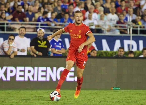 PASADENA, USA - Wednesday, July 27, 2016: Liverpool's captain Jordan Henderson in action against Chelsea during the International Champions Cup 2016 game on day seven of the club's USA Pre-season Tour at the Rose Bowl. (Pic by David Rawcliffe/Propaganda)
