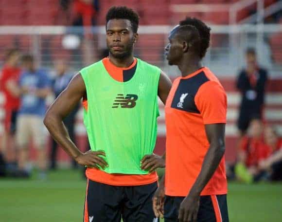 SANTA CLARA, USA - Friday, July 29, 2016: Liverpool's Daniel Sturridge and Sadio Mane during a training session ahead of the International Champions Cup 2016 game against AC Milan on day nine of the club's USA Pre-season Tour at the Levi's Stadium. (Pic by David Rawcliffe/Propaganda)