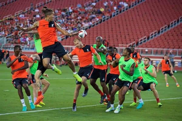 SANTA CLARA, USA - Friday, July 29, 2016: Liverpool's Roberto Firmino, Ragnar Klavan and Andre Wisdom during a press conference ahead of the International Champions Cup 2016 game against AC Milan on day nine of the club's USA Pre-season Tour at the Levi's Stadium. (Pic by David Rawcliffe/Propaganda)