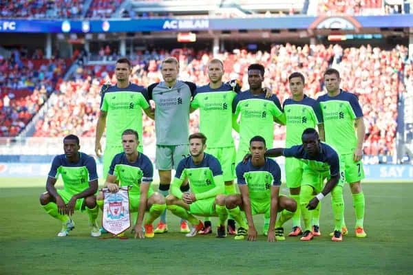 SANTA CLARA, USA - Saturday, July 30, 2016: Liverpool's players line up for a team group photograph before the International Champions Cup 2016 game on day ten of the club's USA Pre-season Tour at the Levi's Stadium. Back row L-R: Dejan Lovren, goalkeeper Simon Mignolet, Ragnar Klavan, Daniel Sturridge Philippe Coutinho Correia, James Milner. Front row L-R: Georginio Wijnaldum, captain Jordan Henderson, Adam Lallana, Trent Alexander-Arnold, Sadio Mane. (Pic by David Rawcliffe/Propaganda)