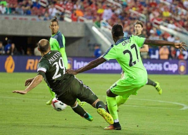 SANTA CLARA, USA - Saturday, July 30, 2016: Liverpool's Divock Origi scores the first goal against AC Milan during the International Champions Cup 2016 game on day ten of the club's USA Pre-season Tour at the Levi's Stadium. (Pic by David Rawcliffe/Propaganda)