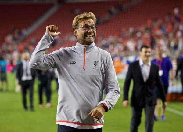 SANTA CLARA, USA - Saturday, July 30, 2016: Liverpool's manager Jürgen Klopp after the 2-0 victory over AC Milan during the International Champions Cup 2016 game on day ten of the club's USA Pre-season Tour at the Levi's Stadium. (Pic by David Rawcliffe/Propaganda)