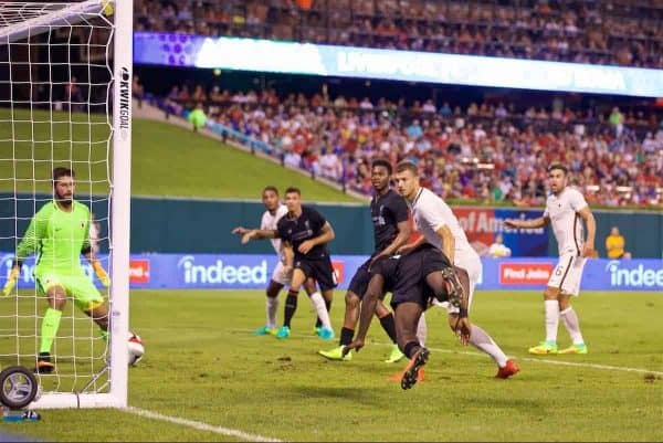 ST. LOUIS, USA - Monday, August 1, 2016: Liverpool's Sheyi Ojo scores the first equalising goal against AS Roma during a pre-season friendly game on day twelve of the club's USA Pre-season Tour at the Busch Stadium. (Pic by David Rawcliffe/Propaganda)