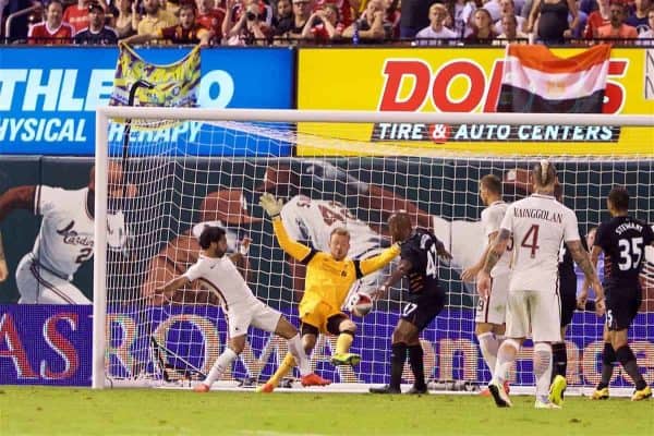 ST. LOUIS, USA - Monday, August 1, 2016: Liverpool's goalkeeper Simon Mignolet is beaten as AS Roma's Mohamed Salah scores the second goal against during a pre-season friendly game on day twelve of the club's USA Pre-season Tour at the Busch Stadium. (Pic by David Rawcliffe/Propaganda)