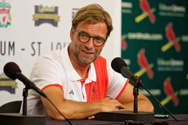 ST. LOUIS, USA - Monday, August 1, 2016: Liverpool's manager Jürgen Klopp during a post-match press conference following the 2-1 defeat to AS Roma during a pre-season friendly game on day twelve of the club's USA Pre-season Tour at the Busch Stadium. (Pic by David Rawcliffe/Propaganda)