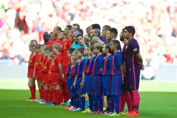 LONDON, ENGLAND - Saturday, August 6, 2016: Barcelona's Luis Suarez lines-up against Liverpool before the International Champions Cup match at Wembley Stadium. (Pic by David Rawcliffe/Propaganda)