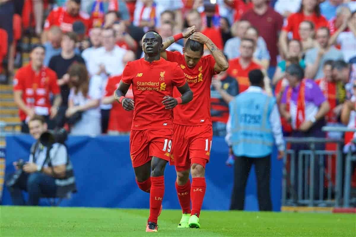 LONDON, ENGLAND - Saturday, August 6, 2016: Liverpool's Sadio Mane celebrates scoring the first goal against FC Barcelona during the International Champions Cup match at Wembley Stadium. (Pic by David Rawcliffe/Propaganda)