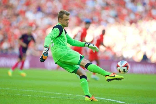 LONDON, ENGLAND - Saturday, August 6, 2016: Liverpool's goalkeeper Simon Mignolet in action against Barcelona during the International Champions Cup match at Wembley Stadium. (Pic by David Rawcliffe/Propaganda)