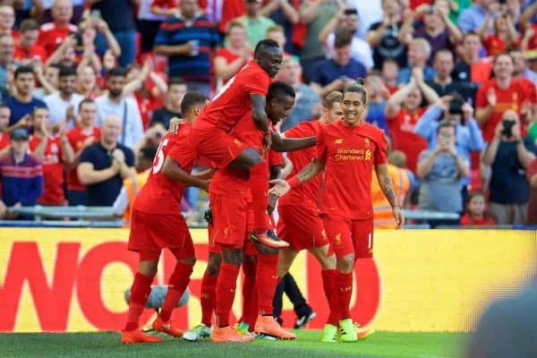 LONDON, ENGLAND - Saturday, August 6, 2016: Liverpool's Divock Origi celebrates scoring the third goal against Barcelona during the International Champions Cup match at Wembley Stadium. (Pic by David Rawcliffe/Propaganda)