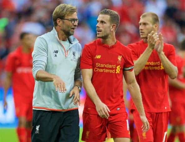LONDON, ENGLAND - Saturday, August 6, 2016: Liverpool's manager Jürgen Klopp and captain Jordan Henderson after the 4-0 victory over FC Barcelona during the International Champions Cup match at Wembley Stadium. (Pic by David Rawcliffe/Propaganda)