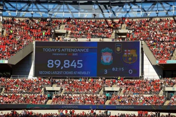 LONDON, ENGLAND - Saturday, August 6, 2016: Wembley's second largest attendance since the re-build, a crowd of 89,845 watch Liverpool defeat Barcelona 4-0, during the International Champions Cup match at Wembley Stadium. (Pic by David Rawcliffe/Propaganda)