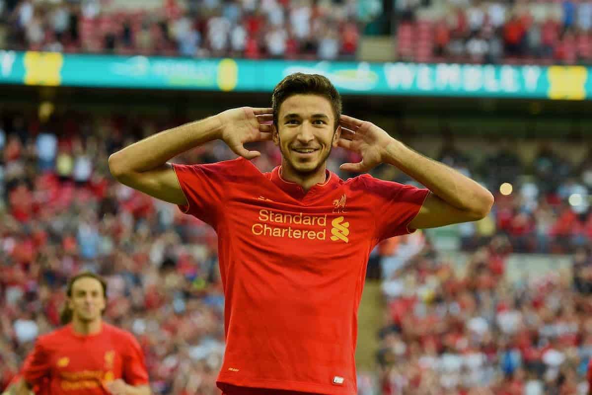 LONDON, ENGLAND - Saturday, August 6, 2016: Liverpool's Marko Grujic celebrates scoring the fourth goal against Barcelona during the International Champions Cup match at Wembley Stadium. (Pic by David Rawcliffe/Propaganda)