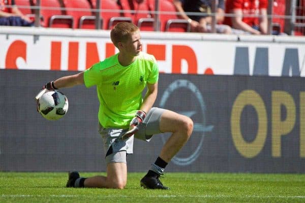 MAINZ, GERMANY - Sunday, August 7, 2016: Liverpool's goalkeeper Caoimhin Kelleher warms-up before a pre-season friendly match against FSV Mainz 05 at the Opel Arena. (Pic by David Rawcliffe/Propaganda)