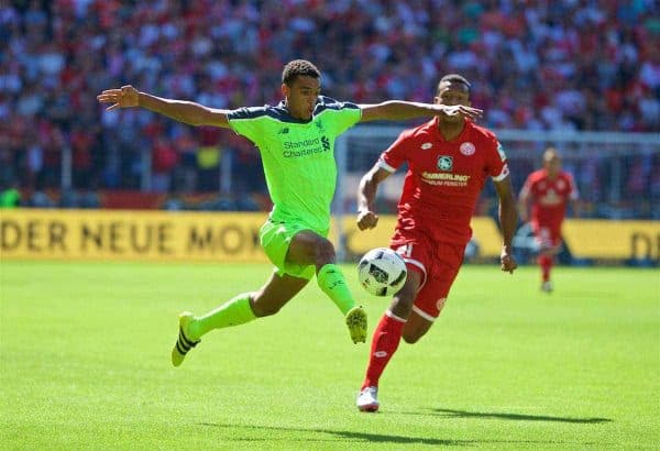 MAINZ, GERMANY - Sunday, August 7, 2016: Liverpool's Trent Alexander-Arnold in action against FSV Mainz 05 during a pre-season friendly match at the Opel Arena. (Pic by David Rawcliffe/Propaganda)