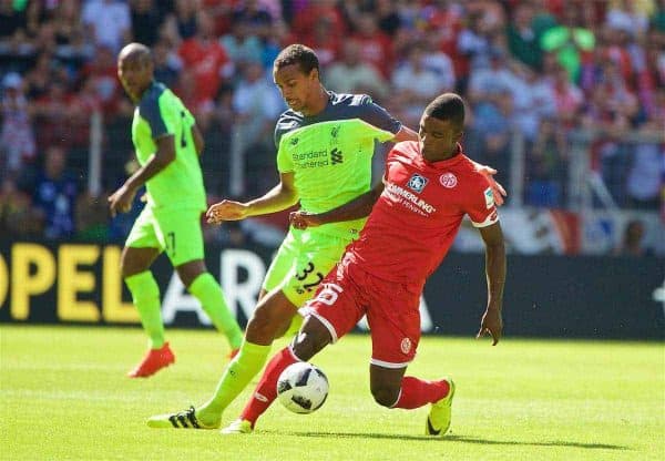 MAINZ, GERMANY - Sunday, August 7, 2016: Liverpool's Joel Matip in action against FSV Mainz 05's Jhon Córdoba during a pre-season friendly match at the Opel Arena. (Pic by David Rawcliffe/Propaganda)