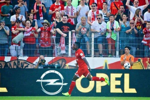 MAINZ, GERMANY - Sunday, August 7, 2016: FSV Mainz 05's Jhon Córdoba celebrates scoring the second goal against Liverpool during a pre-season friendly match at the Opel Arena. (Pic by David Rawcliffe/Propaganda)