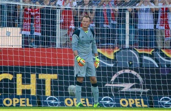 MAINZ, GERMANY - Sunday, August 7, 2016: Liverpool's goalkeeper Alex Manninger looks dejected as FSV Mainz 05 score the second goal during a pre-season friendly match at the Opel Arena. (Pic by David Rawcliffe/Propaganda)