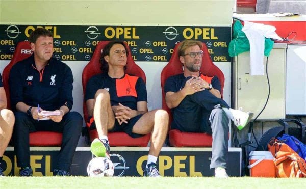 MAINZ, GERMANY - Sunday, August 7, 2016: Liverpool's manager Jürgen Klopp with assistant manager Zeljko Buvac and first team coach Peter Krawietz in action against FSV Mainz 05 during a pre-season friendly match at the Opel Arena. (Pic by David Rawcliffe/Propaganda)