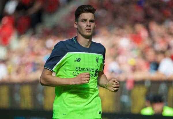 MAINZ, GERMANY - Sunday, August 7, 2016: Liverpool's Sam Hart in action against FSV Mainz 05 during a pre-season friendly match at the Opel Arena. (Pic by David Rawcliffe/Propaganda)