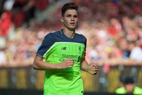 MAINZ, GERMANY - Sunday, August 7, 2016: Liverpool's Sam Hart in action against FSV Mainz 05 during a pre-season friendly match at the Opel Arena. (Pic by David Rawcliffe/Propaganda)