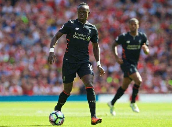 LONDON, ENGLAND - Sunday, August 14, 2016: Liverpool's Sadio Mane in action during the FA Premier League match against Arsenal at the Emirates Stadium. (Pic by David Rawcliffe/Propaganda)