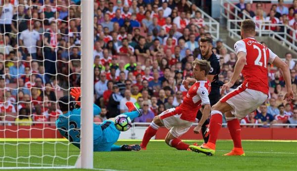 LONDON, ENGLAND - Sunday, August 14, 2016: Liverpool's Adam Lallana scores the second goal against Arsenal during the FA Premier League match at the Emirates Stadium. (Pic by David Rawcliffe/Propaganda)