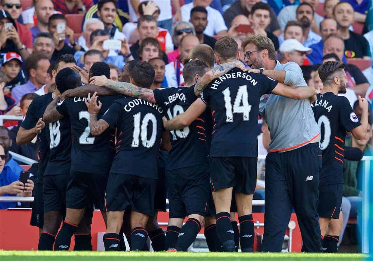 LONDON, ENGLAND - Sunday, August 14, 2016: Liverpool players celebrates scoring the fourth goal against Arsenal with manager Jürgen Klopp during the FA Premier League match at the Emirates Stadium. (Pic by David Rawcliffe/Propaganda)