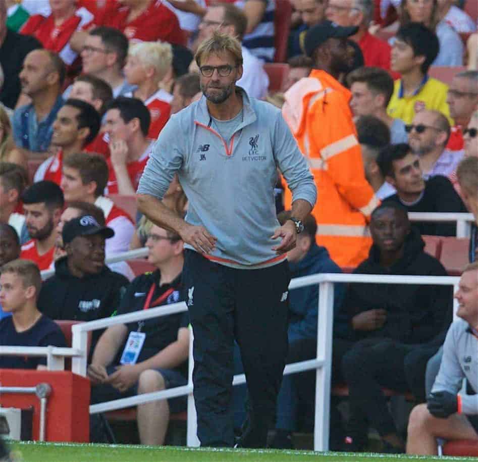 LONDON, ENGLAND - Sunday, August 14, 2016: Liverpool's manager Jürgen Klopp celebrates the second goal against Arsenal during the FA Premier League match at the Emirates Stadium. (Pic by David Rawcliffe/Propaganda)