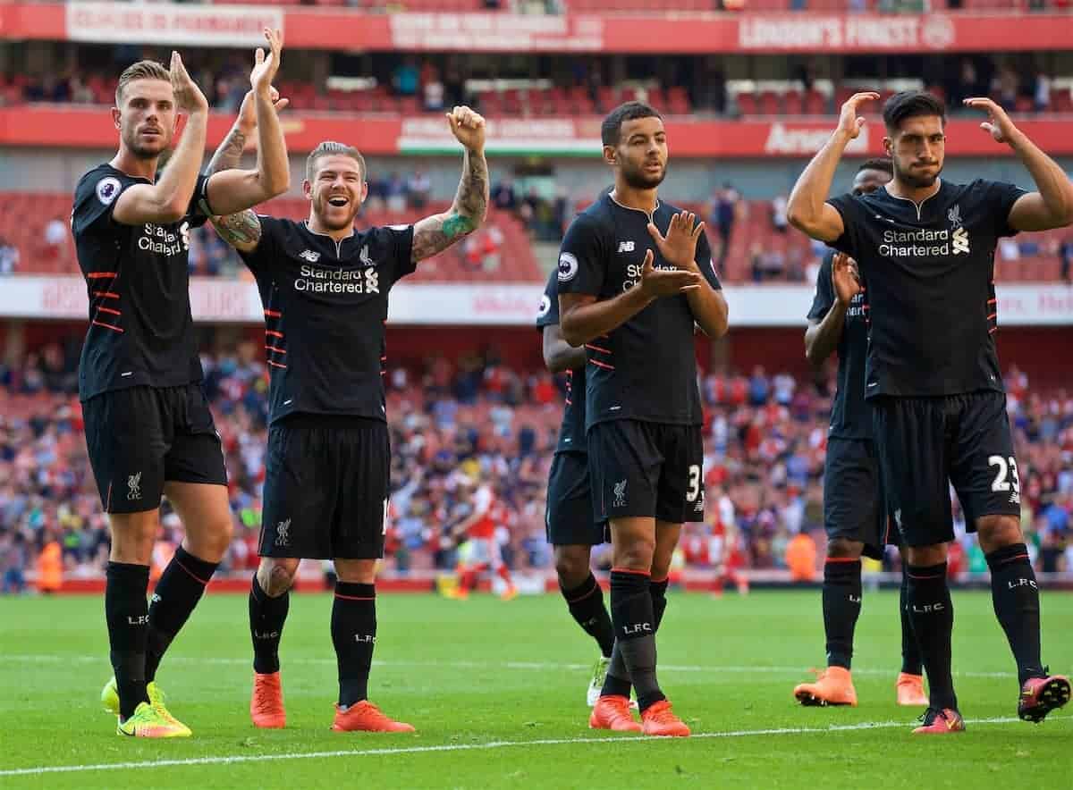 LONDON, ENGLAND - Sunday, August 14, 2016: Liverpool players thanking supporters after the 3-4 victory over Arsenal at the Emirates Stadium. (Pic by David Rawcliffe/Propaganda)