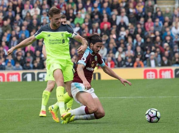 BURNLEY, ENGLAND - Saturday, August 20, 2016: Liverpool's Jordan Henderson of Liverpool battles for the ball with George Boyd of Burnley in action  the FA Premier League match at Turf Moore. (Pic by Gavin Trafford/Propaganda)