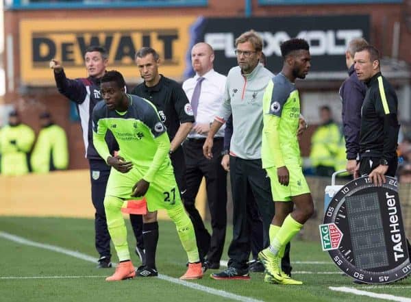 BURNLEY, ENGLAND - Saturday, August 20, 2016: Liverpool's Daniel Sturbridge is substituted for Divock Origi against Burnley during the FA Premier League match at Turf Moore. (Pic by Gavin Trafford/Propaganda)