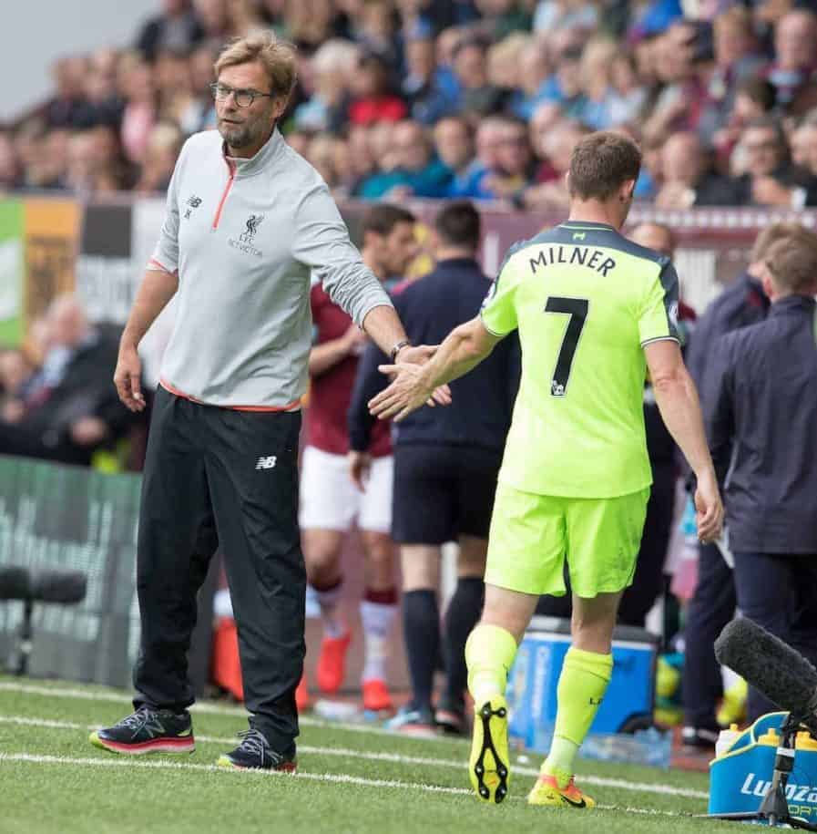BURNLEY, ENGLAND - Saturday, August 20, 2016: Liverpool's Jürgen Klopp shakes James Milner hand as he is substituted against Burnley during the FA Premier League match at Turf Moore. (Pic by Gavin Trafford/Propaganda)