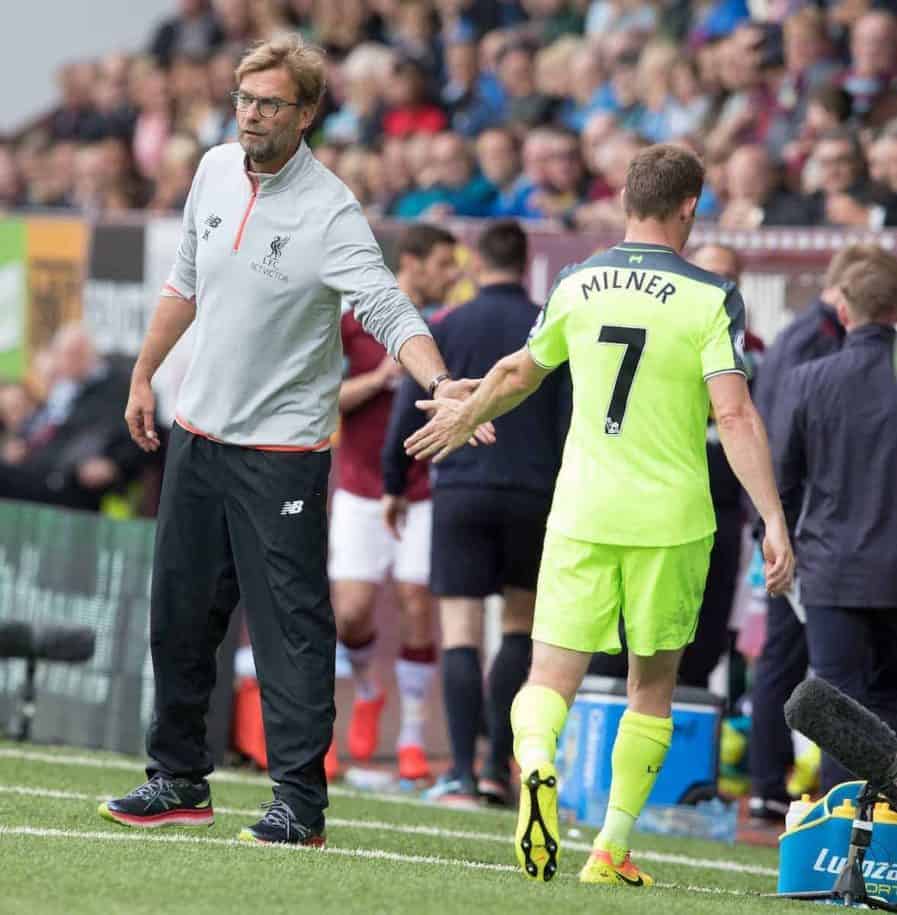 BURNLEY, ENGLAND - Saturday, August 20, 2016: Liverpool's Jürgen Klopp shakes  James Milner hand as he is substituted against Burnley during the FA Premier League match at Turf Moore. (Pic by Gavin Trafford/Propaganda)