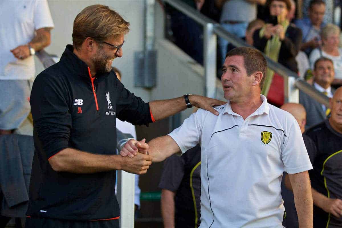 BURTON-UPON-TRENT, ENGLAND - Tuesday, August 23, 2016: Liverpool's manager Jürgen Klopp and Burton Albion's manager Nigel Clough before the Football League Cup 2nd Round match at the Pirelli Stadium. (Pic by David Rawcliffe/Propaganda)