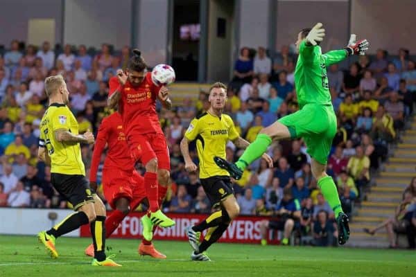 BURTON-UPON-TRENT, ENGLAND - Tuesday, August 23, 2016: Liverpool's Roberto Firmino scores the second goal against Burton Albion during the Football League Cup 2nd Round match at the Pirelli Stadium. (Pic by David Rawcliffe/Propaganda)BURTON-UPON-TRENT, ENGLAND - Tuesday, August 23, 2016: Liverpool's Roberto Firmino scores the second goal against Burton Albion during the Football League Cup 2nd Round match at the Pirelli Stadium. (Pic by David Rawcliffe/Propaganda)