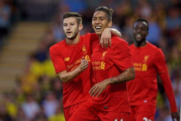 BURTON-UPON-TRENT, ENGLAND - Tuesday, August 23, 2016: Liverpool's Roberto Firmino celebrates scoring the second goal against Burton Albion with team-mate Adam Lallana during the Football League Cup 2nd Round match at the Pirelli Stadium. (Pic by David Rawcliffe/Propaganda)